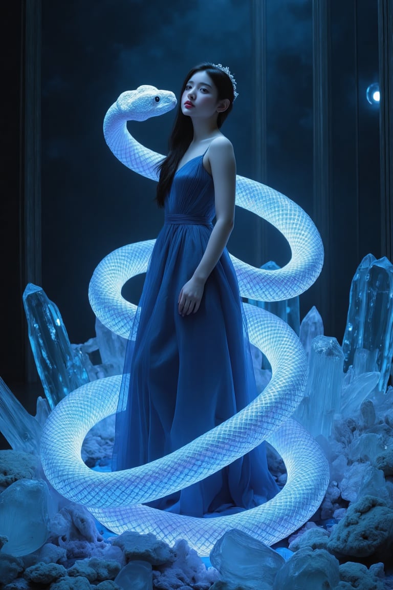 BeNhi, A mystical scene featuring a glowing, iridescent snake coiling protectively around a figure in a flowing, deep blue gown, embodying elegance and grace. The setting is ethereal and surreal, with a dark, almost cosmic background that enhances the luminous elements. Large, crystalline formations surround the base, reflecting light and adding a sense of depth and glamour to the image. The color palette includes shades of deep navy, shimmering silver, and soft whites, creating an atmosphere of tranquility and magic. The textures are hyperrealistic, with intricate details on the snake's scales and the crystalline structures, conveying a sense of otherworldly beauty. The composition is balanced, drawing the viewer’s eye to both the figure and the snake while evoking a dreamlike quality,Enhanced all