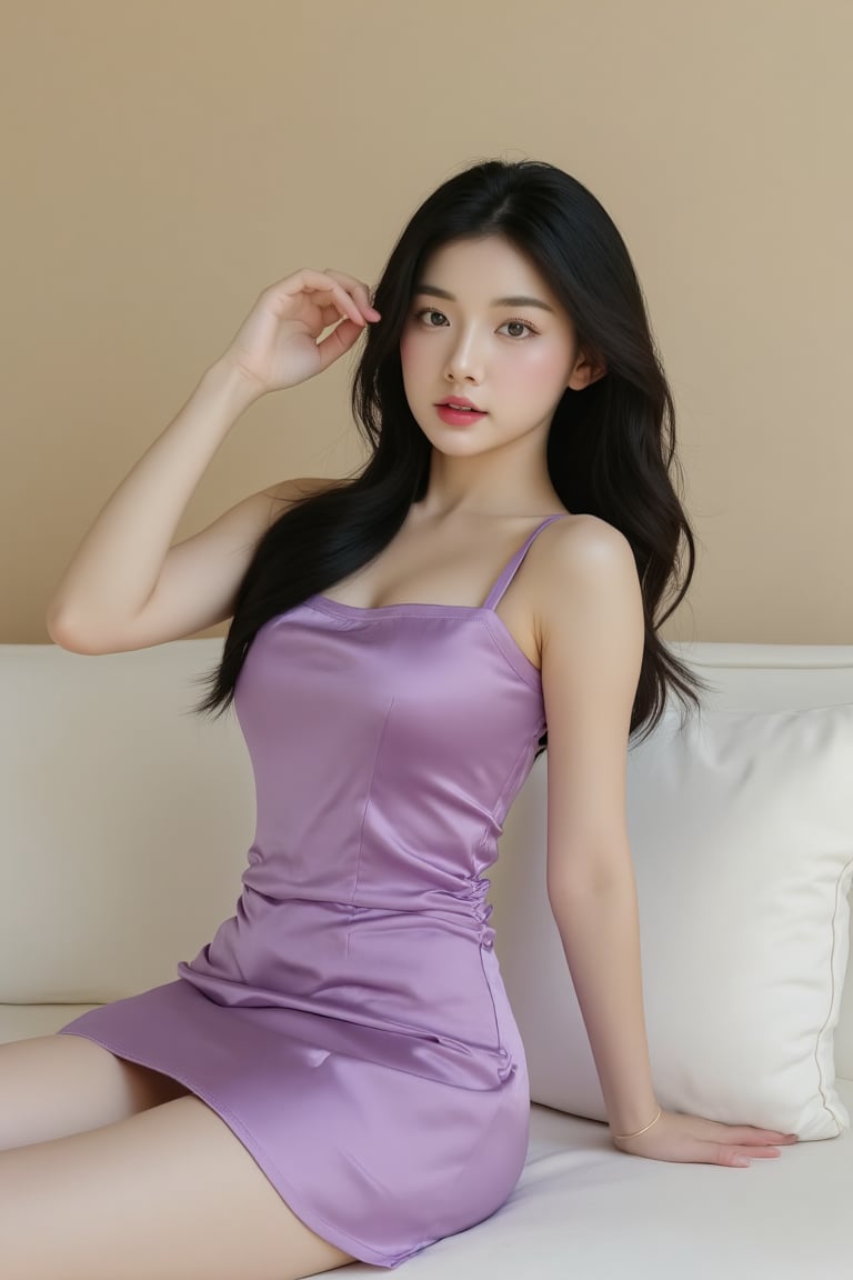 BeNhi, A photo-realistic 16K image of a glamorous Korean woman in a purple, shiny, satin, short dress, reclining on a white couch or sofa. She has long dark hair and is looking directly at the camera with a confident expression. The setting appears to be a minimalist, high-fashion photoshoot. The background is a soft beige tone. Shot with a 100mm lens. life-life. Cinematic lighting. Photographed by Tim Walker. Trending on 500px --ar 4:5 --v 5 --s 50,Enhanced all