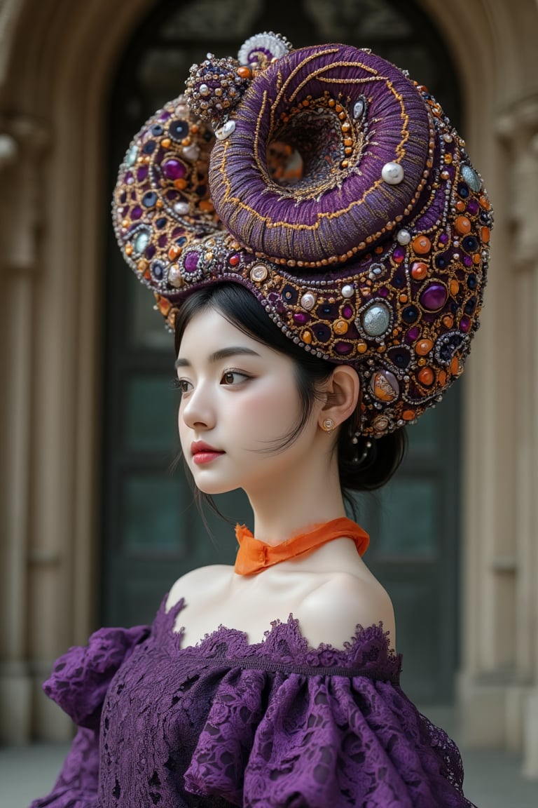 BeNhi, A stunning portrait of a Korean woman wearing a mesmerizing nautilus-shaped headdress, adorned with an intricate blend of purple, orange, gold, and silver detailing. The headdress features beads, sequins, and gems, while the velvet-like material and damask fabric effect add to its visual appeal. The woman's purple lace dress, orange choker, and earrings complement the headdress, creating an ethereal and dark fantasy-inspired look. The softly lit, mysterious environment and intricate architecture in the background enhance the fairy-tale atmosphere of this captivating image., fashion, dark fantasy, architecture, portrait photography, vibrant,Enhanced all