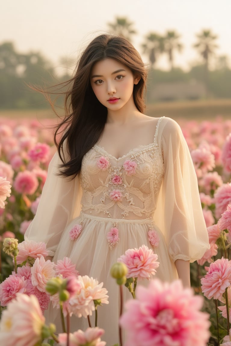 BeNhi, A woman standing amidst a field of vibrant pink flowers, with a soft breeze gently lifting her long, flowing hair. The scene captures a dreamy, ethereal quality, reminiscent of impressionist art, utilizing soft focus and warm sunlight. The woman is dressed in a delicate, sheer gown adorned with intricate pearl and floral embellishments, creating a romantic and whimsical atmosphere. Surrounding her are fluffy dahlia blooms in varying shades of pink and cream, echoing the warmth of the sunlit landscape. The background features a blurred landscape with hints of greenery and palm trees, adding depth to the serene setting. The color palette is dominated by pastel pinks and soft whites, evoking a sense of tranquility and beauty in nature.,Enhanced all