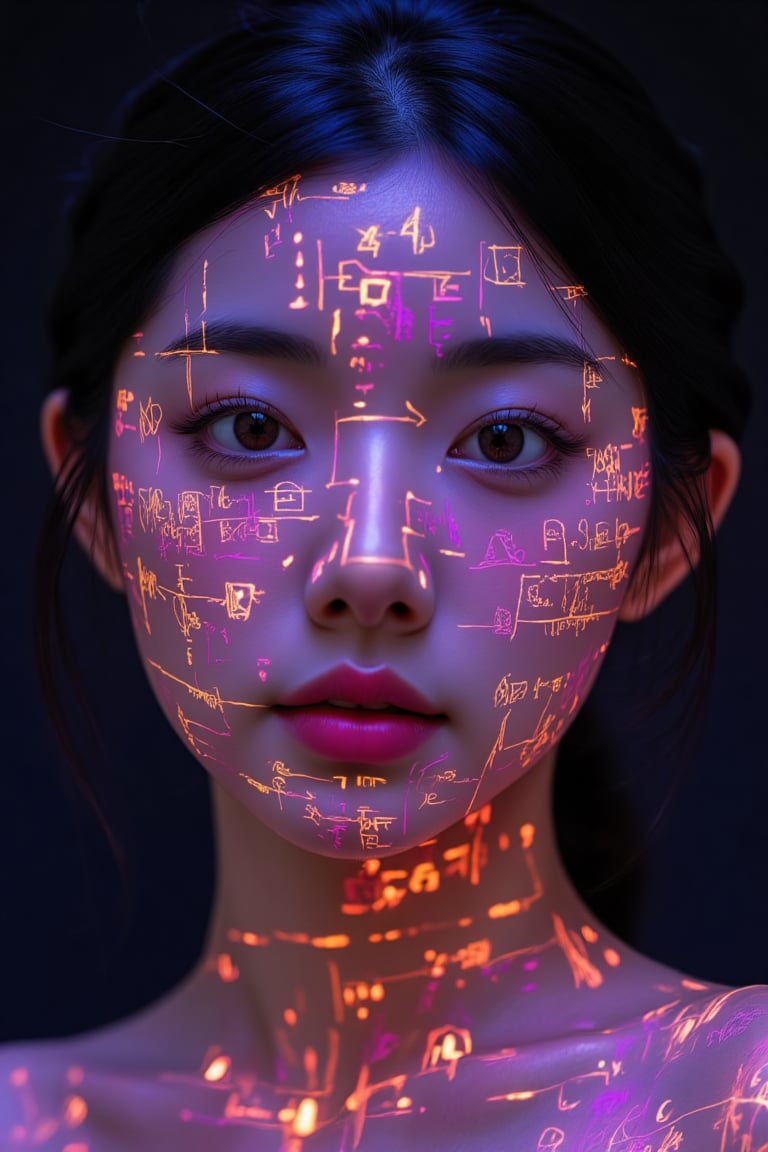 BeNhi, The hyperrealistic photo shows the face of a young Korean woman, against a dark background, which makes the image even more mysterious and evocative. Her skin is covered in drawings made with a bright purple and orange light that creates a fascinating visual effect. The drawings are complex and detailed, appearing to be a mix of mathematical equations, scientific formulas, diagrams, letters and other symbols. There is no clear message, but a feeling of complexity, mystery and knowledge is perceived. The woman appears concentrated, her gaze fixed towards the viewer, conveying a sense of wisdom and depth. Her expression is neutral, leaving interpretation open to the observer. The drawings extend over her entire skin, even over her eyes, as if they were a second skin, an essential part of her being. This may symbolize the interconnection between knowledge and the person, the idea that knowledge is an inseparable element of their essence. The image is a work of art that invites reflection, interpretation and connection with the mystery and complexity of human knowledge. Shot with a Canon EOS R, --v 6 --ar 9:16 --stylize 750, photorealistic, UHD, 16K., conceptual art, portrait photography, dark fantasy, vibrant, fashion, graffiti,Enhanced all