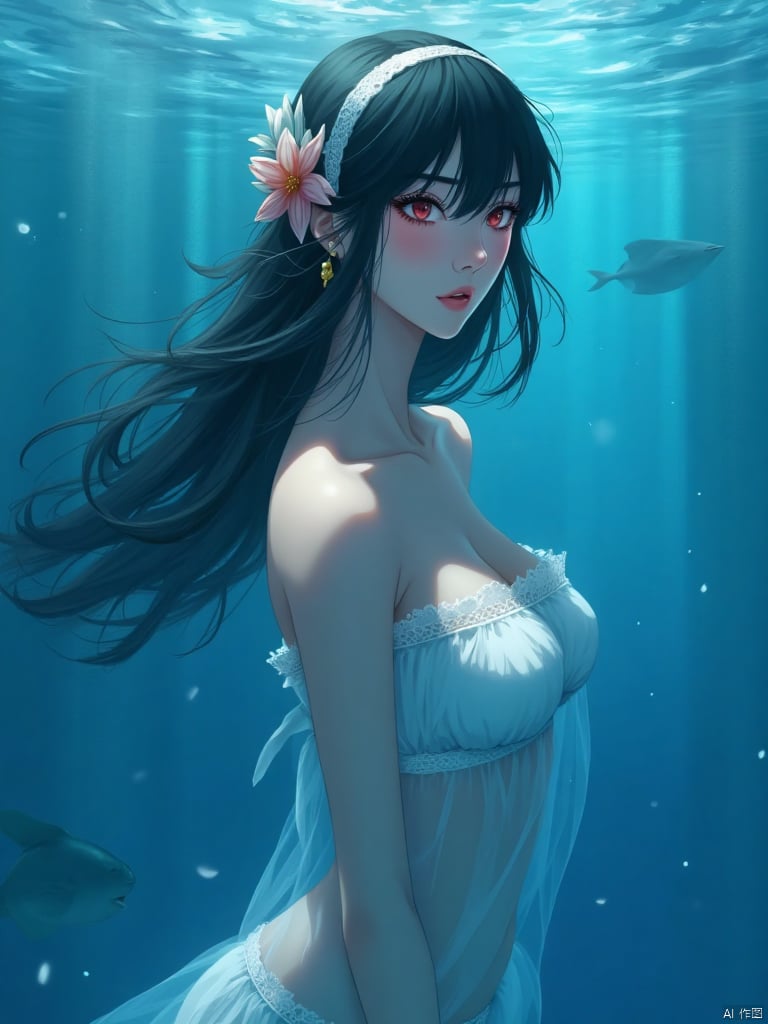 Yor,Create an ethereal underwater illustration featuring a beautiful, mature woman with black hair. She should exude an aura of attractiveness and perfection, with her body posed gracefully in the solitude of the deep blue. The setting is submerged, surrounded by a pure, vivid blue background that enhances the sense of tranquility and isolation. The lighting should be soft and otherworldly, casting a gentle glow on her features and creating a dreamlike atmosphere. Her hair should flow like seaweed, adding to the mystique of the underwater world. The composition should focus on her serene expression and the intricate details of her form, capturing the essence of beauty and serenity in a solitary, aquatic realm. Aim for the highest quality and clarity, ensuring every nuance and detail is rendered with masterful precision for a truly breathtaking masterpiece.
