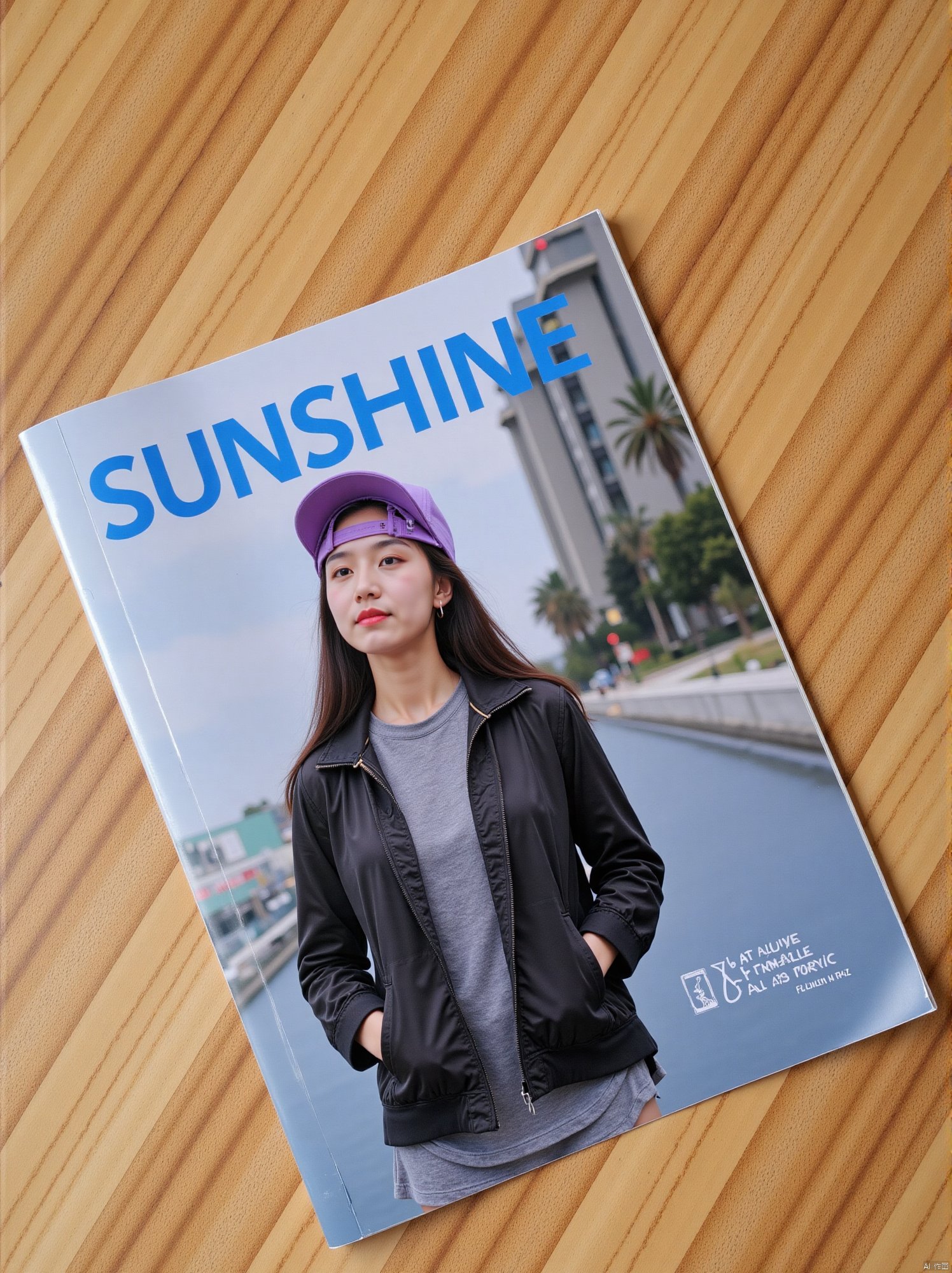 The prominent blue letters at the top of the magazine cover read 'SUNSHINE'.(RAW photo, 4k, realistic, exquisitely detailed skin),masterpiece,best quality,unity 8k wallpaper,ultra detailed,cinematic look,natural skin texture,extremely realistic skin texture,finely detailed face,(film grain:1.2),cinematic angle,Fujifilm XT3,,(highlydetailed),(bright scene)An ad for a magazine features a woman with long dark hair and a purple baseball cap. The woman is wearing a black jacket over a gray shirt and blue jean shorts.