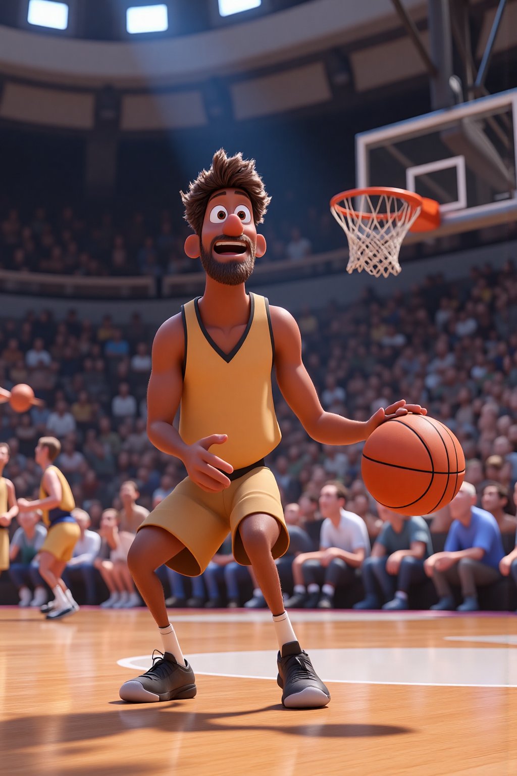 man is dribbling a basketball at a basketball tournament, a big tournament, disney pixar animation , disneypixfal