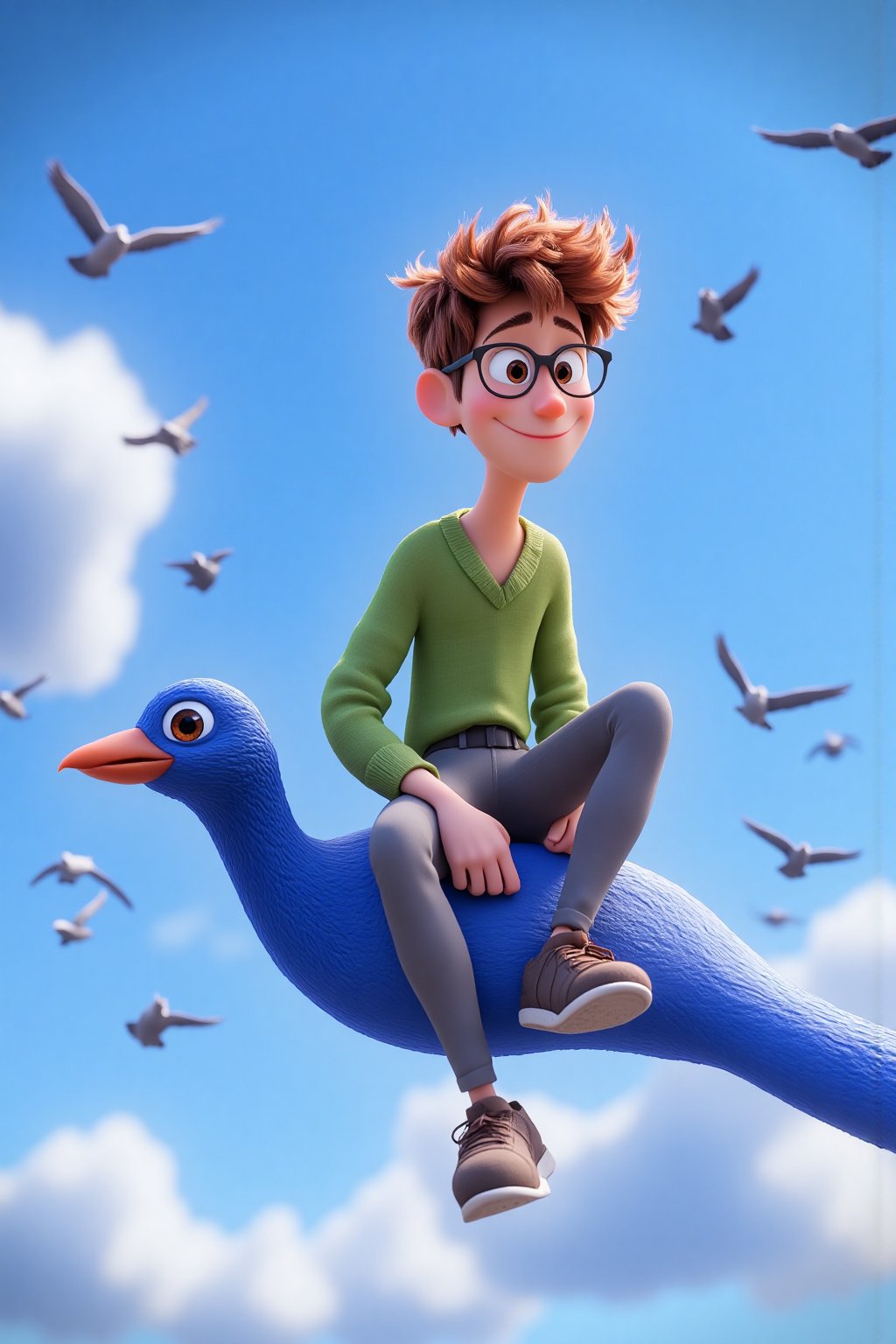 A young boy with red hair and glasses, wearing a green sweater, sits on the back of a blue bird in the style of a Pixar cartoon. The background shows a sky with birds flying around., disneypixfal