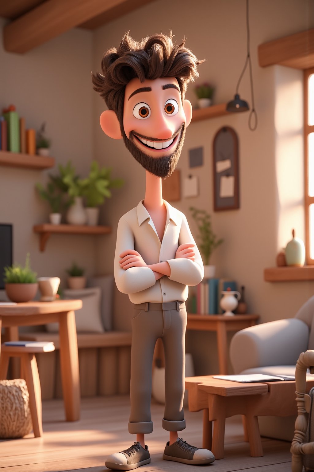 A bright and confident young British father with big eyes and a refined, intellectual appearance, standing in a cozy, inviting room. The scene is created in a 3D cartoon style, with high definition and rich details. The father has a warm, friendly smile, exuding a calm and collected demeanor, while still looking approachable and full of energy. His posture is relaxed, and he wears a casual yet stylish outfit. The background features soft lighting with sunlight pouring through a window, creating a warm and harmonious atmosphere. The room is decorated with subtle earth tones, comfortable furniture, and personal touches, giving off a peaceful, family-oriented vibe. The overall scene is heartwarming and serene, showcasing his sunny, gentle personality , disneypixfal