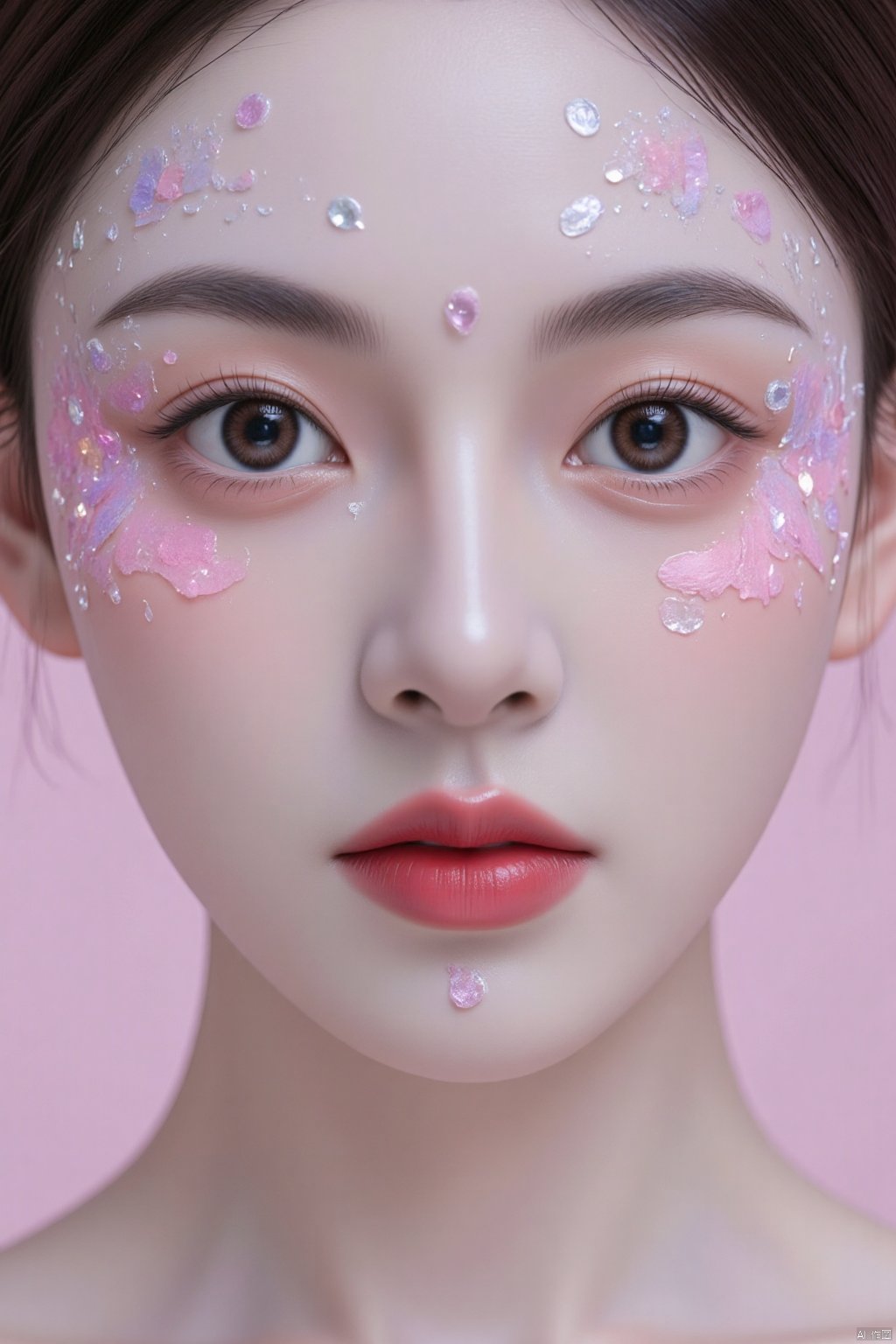 (8k, RAW photo, highest quality),hyperrealistic abstract style portrait of an otherworldly being with metallic skin,glowing orbs for eyes,and intricate fractal patterns emanating from their face,non-representational,colors and shapes,expression of feelings,imaginative,highly detailed,(pink Fluorescent eyeshadow:1.2),eyeliner,makeup,lipstick,watery eyes,(Mole under eye:1.2),(seductive_smile:1.2),1girl,