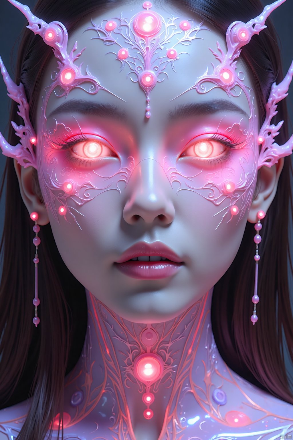 (8k, RAW photo, highest quality),hyperrealistic abstract style portrait of an otherworldly being with metallic skin,glowing orbs for eyes,and intricate fractal patterns emanating from their face,non-representational,colors and shapes,expression of feelings,imaginative,highly detailed,(pink Fluorescent eyeshadow:1.2),eyeliner,makeup,lipstick,watery eyes,(Mole under eye:1.2),(seductive_smile:1.2),1girl,