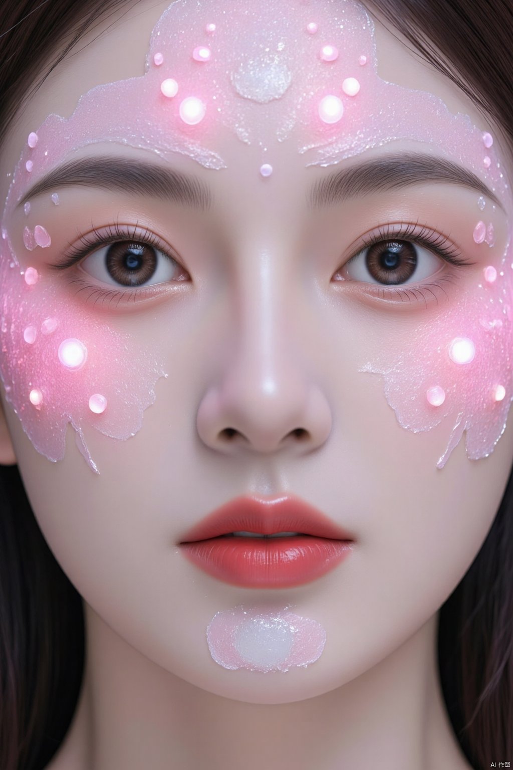 (8k, RAW photo, highest quality),hyperrealistic abstract style portrait of an otherworldly being with metallic skin,glowing orbs for eyes,and intricate fractal patterns emanating from their face,non-representational,colors and shapes,expression of feelings,imaginative,highly detailed,(pink Fluorescent eyeshadow:1.2),eyeliner,makeup,lipstick,watery eyes,(Mole under eye:1.2),(seductive_smile:1.2),1girl,