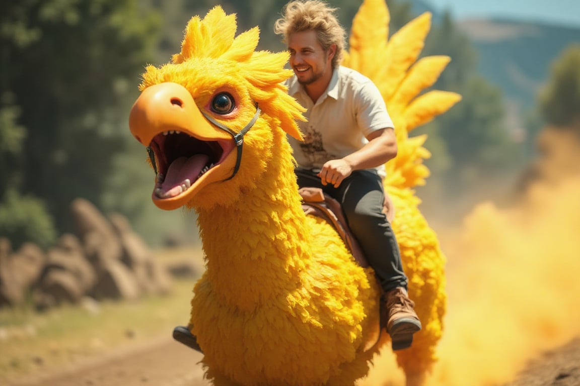 A handsome man riding a bright yellow chocobo at high speed, front-centered view. Dynamic motion with wind-swept hair and motion-blurred background. Realistic style, vibrant colors, high detail, bright lighting, dramatic shadows, Riding Chocobo,Amrulqays,EnchantingGlow,LightBurst
