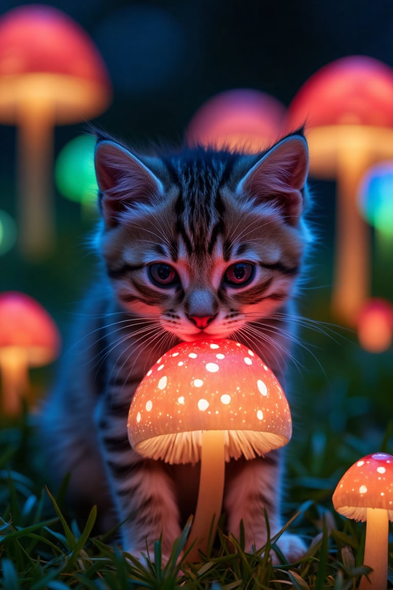 a kitten eating glowing magic mushrooms. glowing mushroom field, colorful