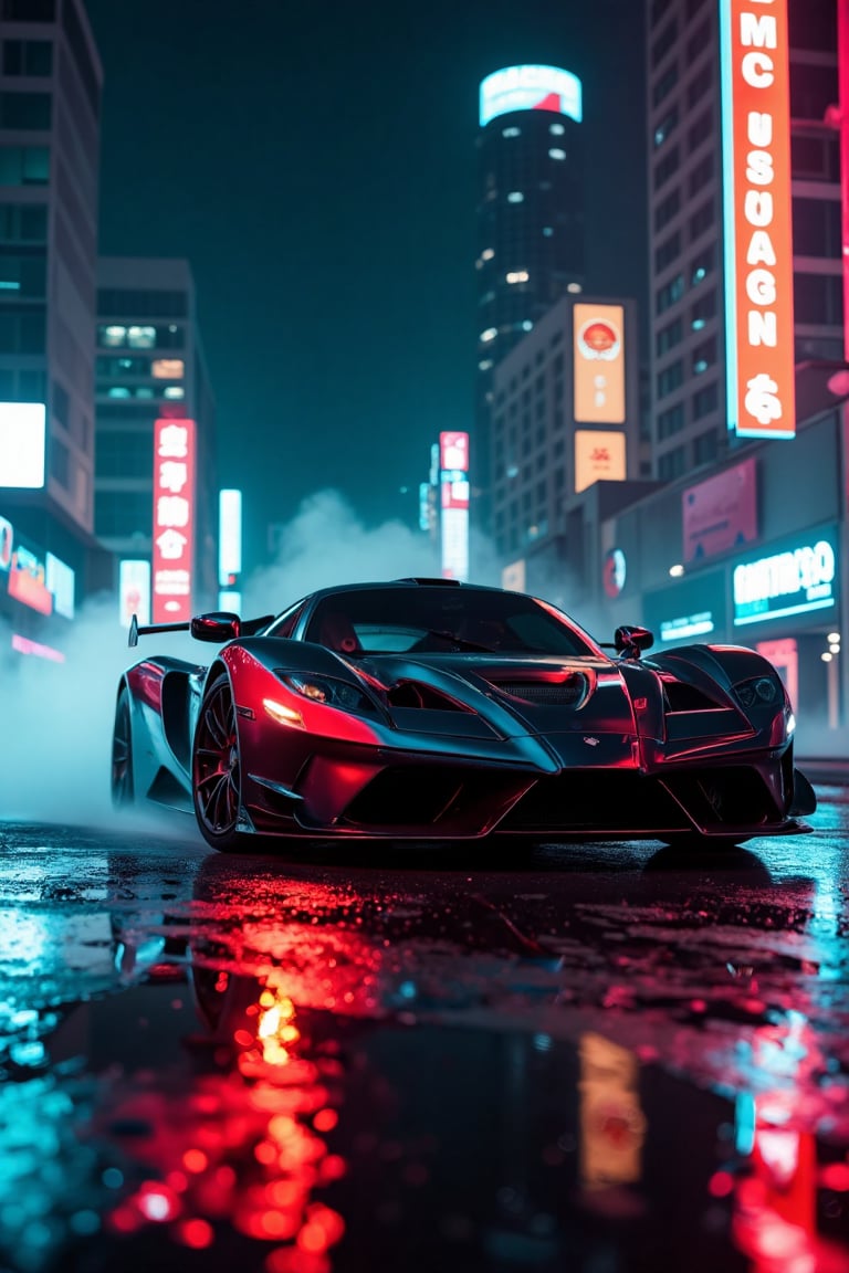 cinematic film still cyberpunk sportscar riding into a dark neon lighted city, amazing details, masterpiece, high quality photography, 3 point lighting, flash with softbox, 4k, Canon EOS R3, hdr, smooth, sharp focus, high resolution, award winning photo, 80mm, f2.8, bokeh . shallow depth of field, vignette, highly detailed, high budget, bokeh, cinemascope, moody, epic, gorgeous, film grain, grainy, (Highest Quality, 4k, masterpiece, Amazing Details:1.1), film grain, Fujifilm XT3, photography,