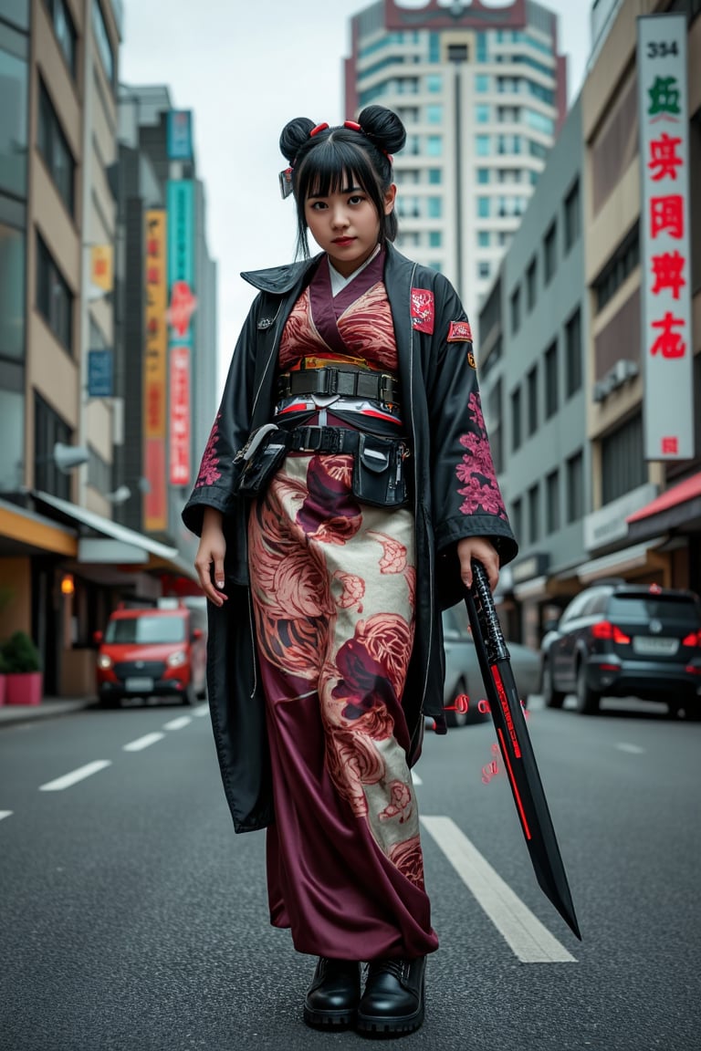 A young geisha with cyberpunk armor and kimono standing in a cyberpunk city, in the background is a hotel called "Colossus", holding a laser katana