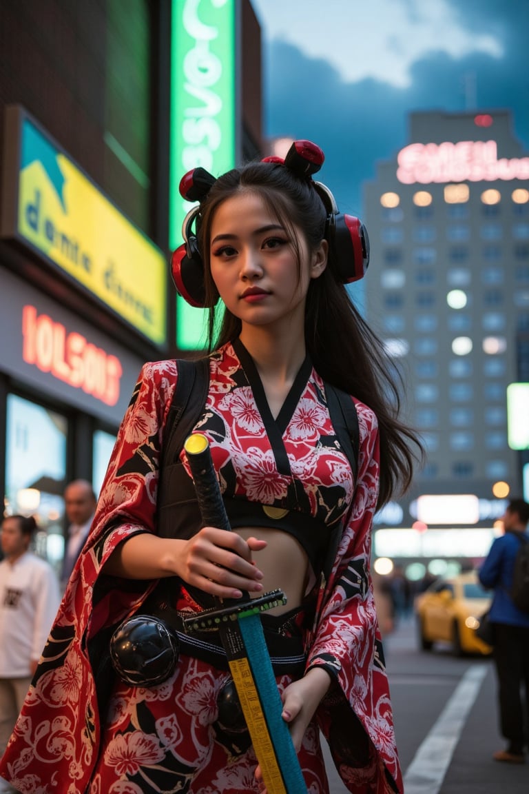 A young geisha with cyberpunk armor and kimono standing in a cyberpunk city, in the background is a hotel called "Colossus", holding a laser katana