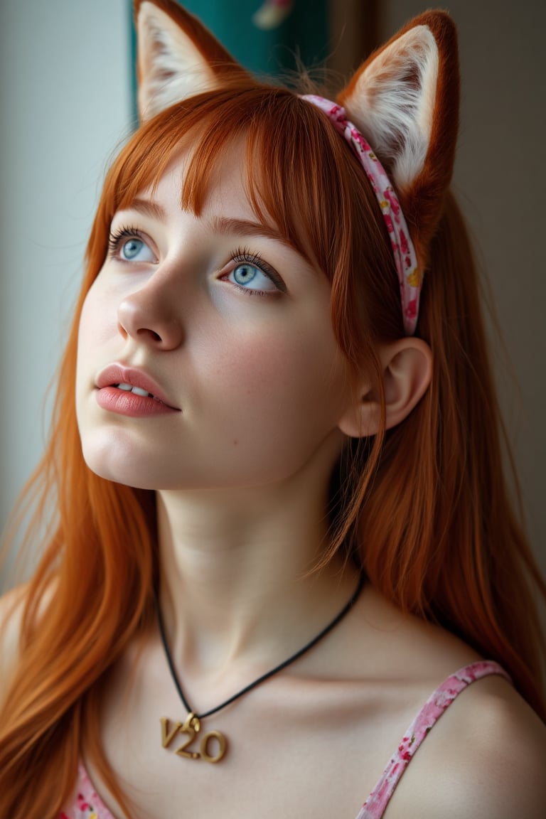 photo, face portrait, european model, 20 years old, close-up, fox ears and a ribbon in her hair, 4mm - 14mm focal length, absurdres, red hair, front bangs, flowers, looking up, not overing face, she wears a necklace that says "V2.0"