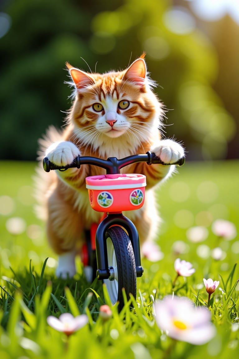 A playful cat riding a small, colorful bike, paws on the handlebars, eyes focused forward. The scene is set in a sunny park with lush green grass and blooming flowers. The cat's fur is fluffy and well-groomed, reflecting the sunlight. The bike has a basket on the front, filled with small toys. The composition is centered, with the cat and bike in the foreground, and the park's landscape gently fading into the background. The lighting is bright and cheerful, capturing the joy of the moment.