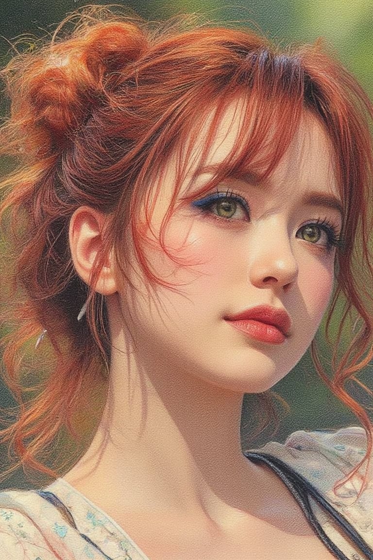 Portrait drawing of a young Malay woman with pale skin,  dimples,  ginger hair in a messy by Shkblog.Ai on Tensor.Art