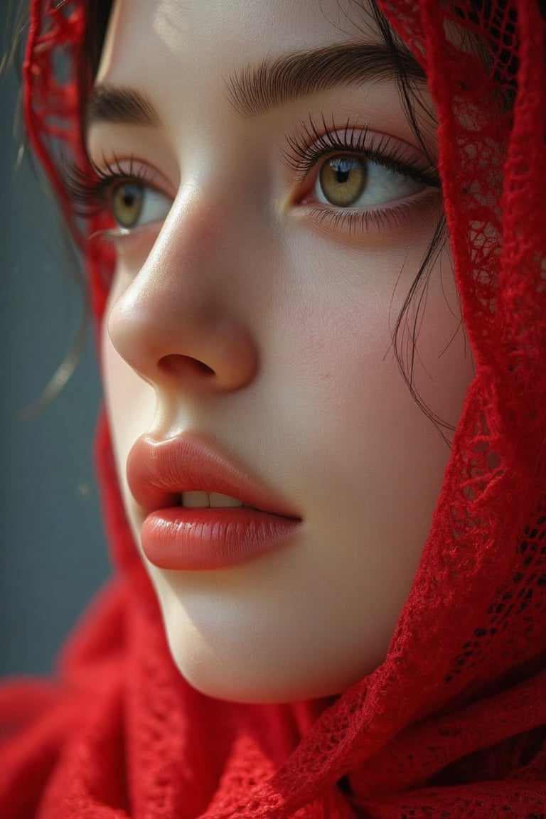 side view close up portrait of a young Malay woman with red knitted long hijab cover chest. Her eyes are a piercing hazel...