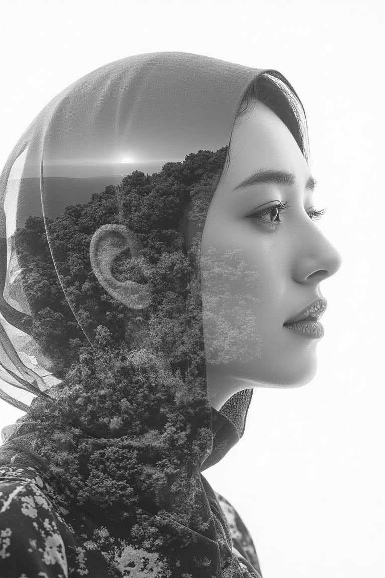 double exposure,  b&w,  landscape inside a hijab woman face silhouette by Shkblog.Ai on Tensor.Art