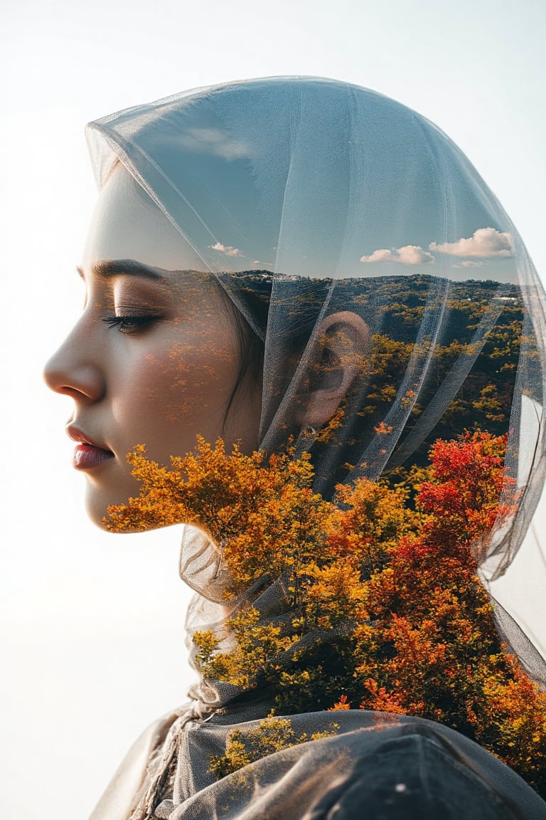 double exposure,  full colour,  landscape inside a hijab woman face silhouette by Shkblog.Ai on Tensor.Art