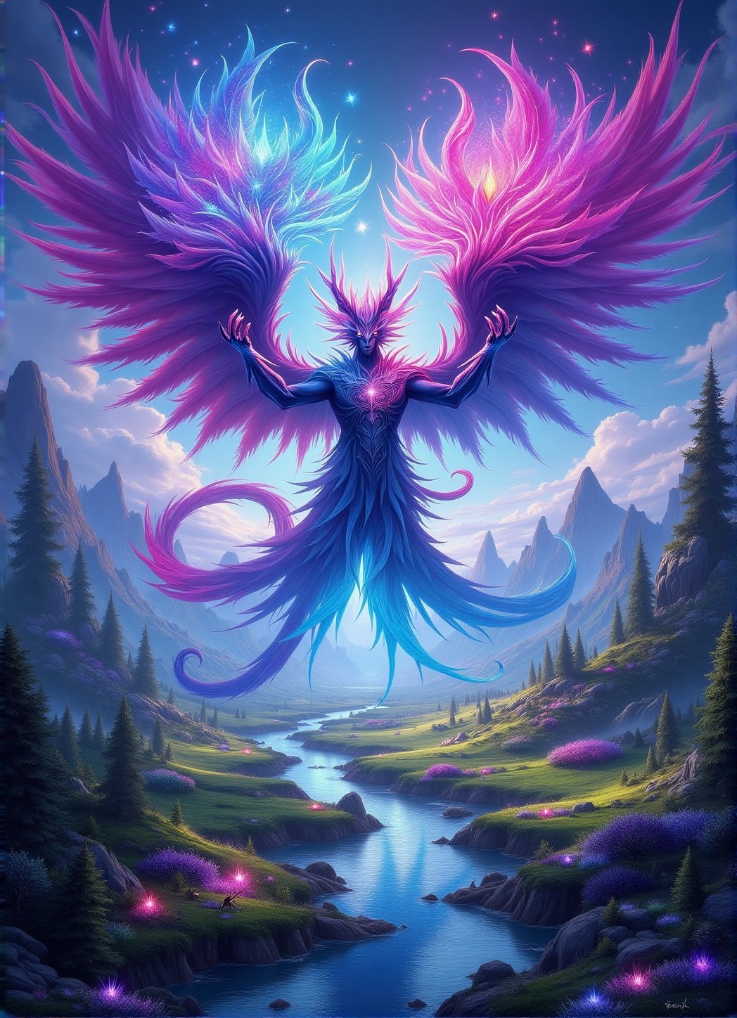 A high-quality hyperrealistic a magic creature, magic landscape, FantasyRpGanime