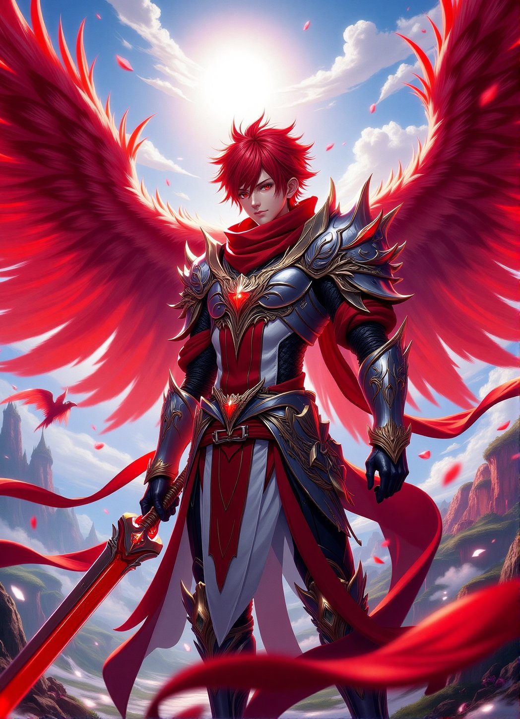 Score_9, score_8_up, score_7_up, A high-quality hyperrealistic anime image of a crimson Angel guy in an ARPG game world with magic and adventure, legendary armors, powerful weapons, majestic creatures,FantasyRpGanime