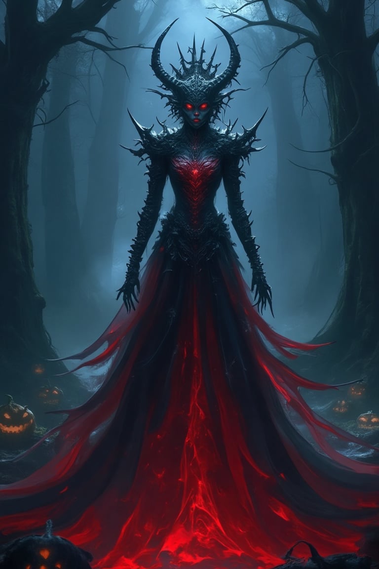 A macabre Halloween scene featuring a demonic woman, her glowing dress casting eerie light, standing in a dark, foggy forest. The woman's dress is a mix of deep red and black, with intricate patterns that seem to move and shift. She has sharp, menacing features, with glowing red eyes and dark, twisted horns. The composition is centered on her, with the fog and shadows creating a haunting atmosphere. The lighting is dim, with the glow from her dress providing the only source of light, casting long, ominous shadows. The background features Halloween decorations, including jack-o'-lanterns and cobwebs.