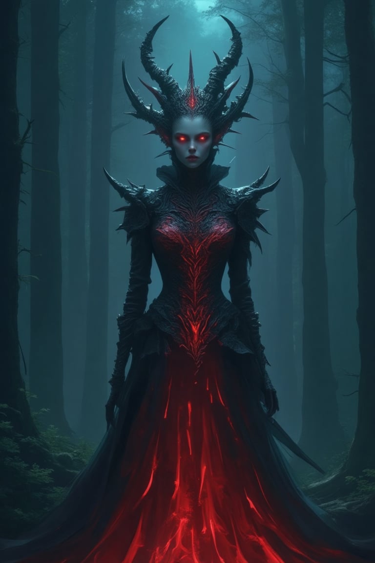 A macabre scene of a demonic woman, her glowing dress casting eerie light, standing in a dark, foggy forest. The woman's dress is a mix of deep red and black, with intricate patterns that seem to move and shift. She has sharp, menacing features, with glowing red eyes and dark, twisted horns. The composition is centered on her, with the fog and shadows creating a haunting atmosphere. The lighting is dim, with the glow from her dress providing the only source of light, casting long, ominous shadows.