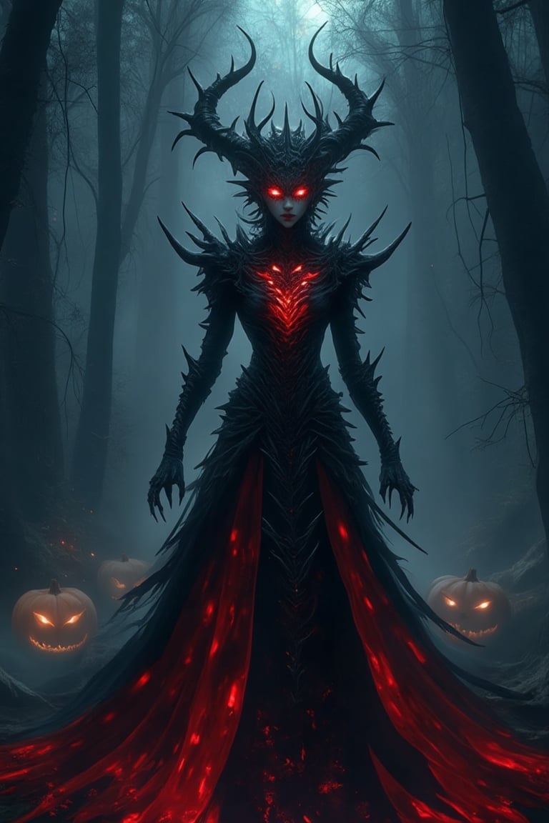 A macabre Halloween scene featuring a demonic woman, her glowing dress casting eerie light, standing in a dark, foggy forest. The woman's dress is a mix of deep red and black, with intricate patterns that seem to move and shift. She has sharp, menacing features, with glowing red eyes and dark, twisted horns. The composition is centered on her, with the fog and shadows creating a haunting atmosphere. The lighting is dim, with the glow from her dress providing the only source of light, casting long, ominous shadows. The background features Halloween decorations, including jack-o'-lanterns and cobwebs.