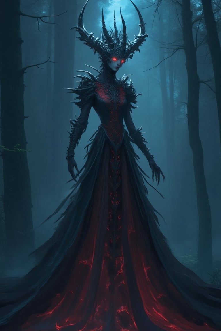 A macabre scene of a demonic woman, her glowing dress casting eerie light, standing in a dark, foggy forest. The woman's dress is a mix of deep red and black, with intricate patterns that seem to move and shift. She has sharp, menacing features, with glowing red eyes and dark, twisted horns. The composition is centered on her, with the fog and shadows creating a haunting atmosphere. The lighting is dim, with the glow from her dress providing the only source of light, casting long, ominous shadows.