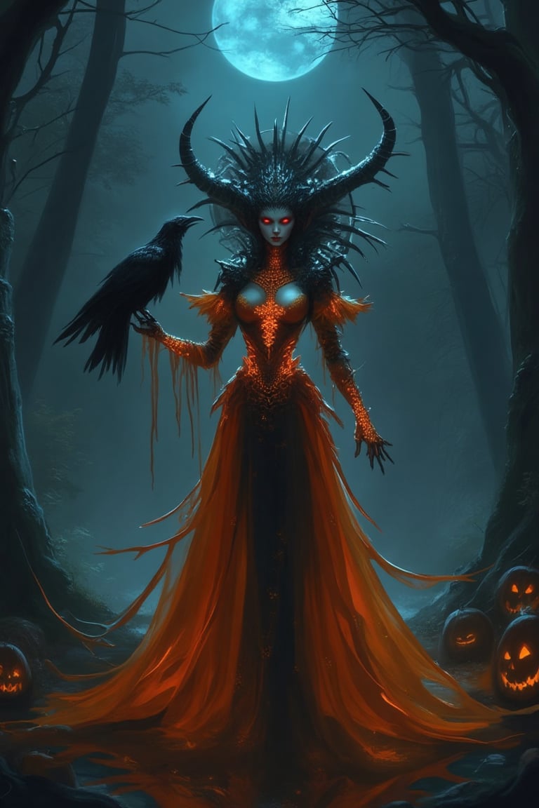 A macabre Halloween scene featuring a demonic woman in an orange dress, her dress glowing with an eerie light, standing in a dark, foggy forest. She holds a raven on her hand, the bird's eyes glowing red. The woman's dress is adorned with intricate patterns that seem to move and shift. She has sharp, menacing features, with glowing red eyes and dark, twisted horns. The composition is centered on her, with the fog and shadows creating a haunting atmosphere. The lighting is dim, with the glow from her dress providing the only source of light, casting long, ominous shadows. The background features Halloween decorations, including jack-o'-lanterns and cobwebs.