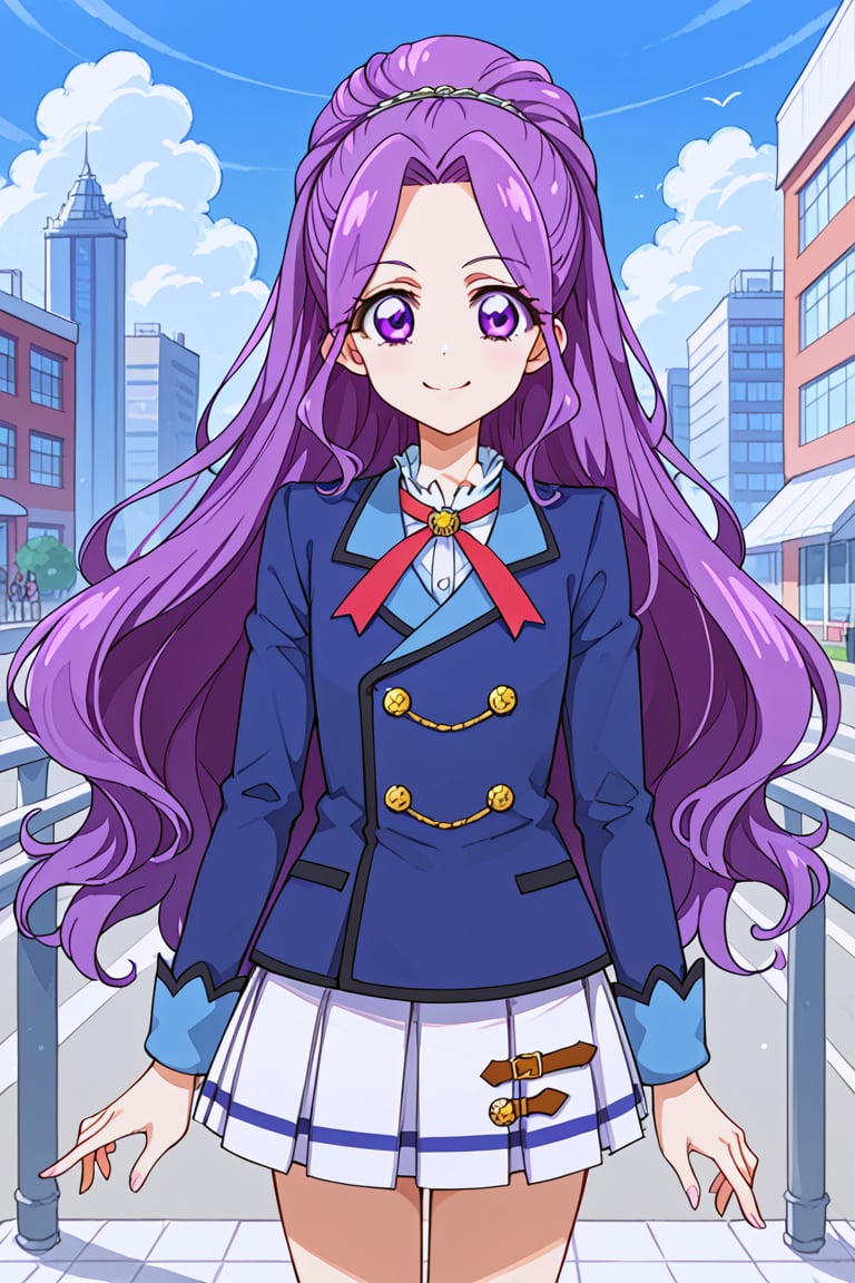 score_9, score_8_up, score_7_up, aikatsu, 1girl, solo, mizuki kanzaki, long hair, purple hair, very long hair, purple eyes, parted bangs, starlight academy school uniform, blue jacket, pleated skirt, white skirt, standing, smile, closed mouth, outside, city