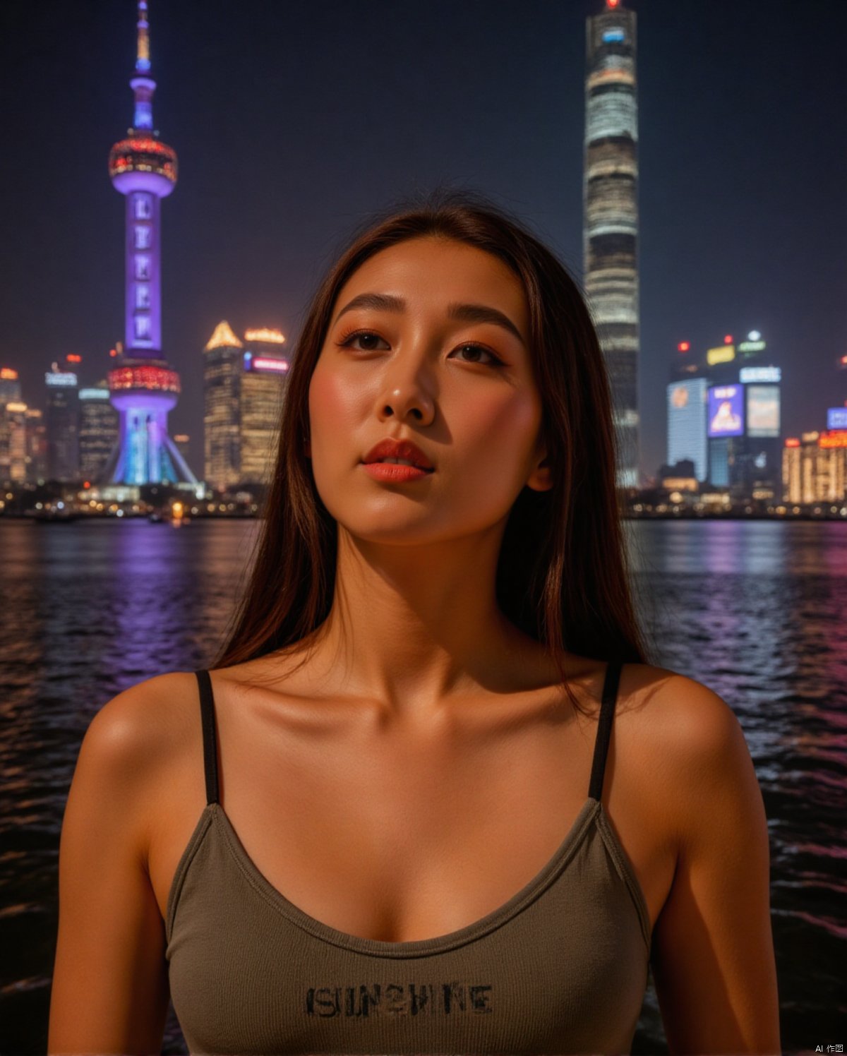 On the Shanghai Bund under the neon lights at night, with the Oriental Pearl Tower in the background, a beautiful woman looked at the audience with a smile in the drizzle. She was wearing a tight top with medium to large breasts, revealing her beautiful cleavage. The letters "SUNSHINE" were written on her chest. Her confidence was contagious to everyone.
