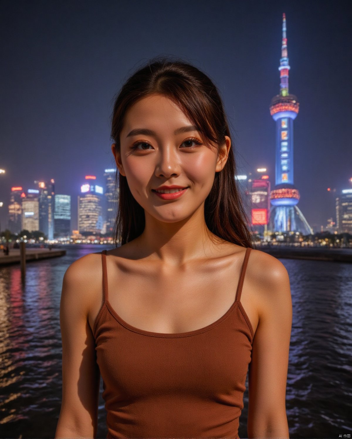 On the Shanghai Bund under the neon lights at night, with the Oriental Pearl Tower in the background, a beautiful woman looked at the audience with a smile in the drizzle. She was wearing a tight top with medium to large breasts, revealing her beautiful cleavage. The letters "SUNSHINE" were written on her chest. Her confidence was contagious to everyone.
