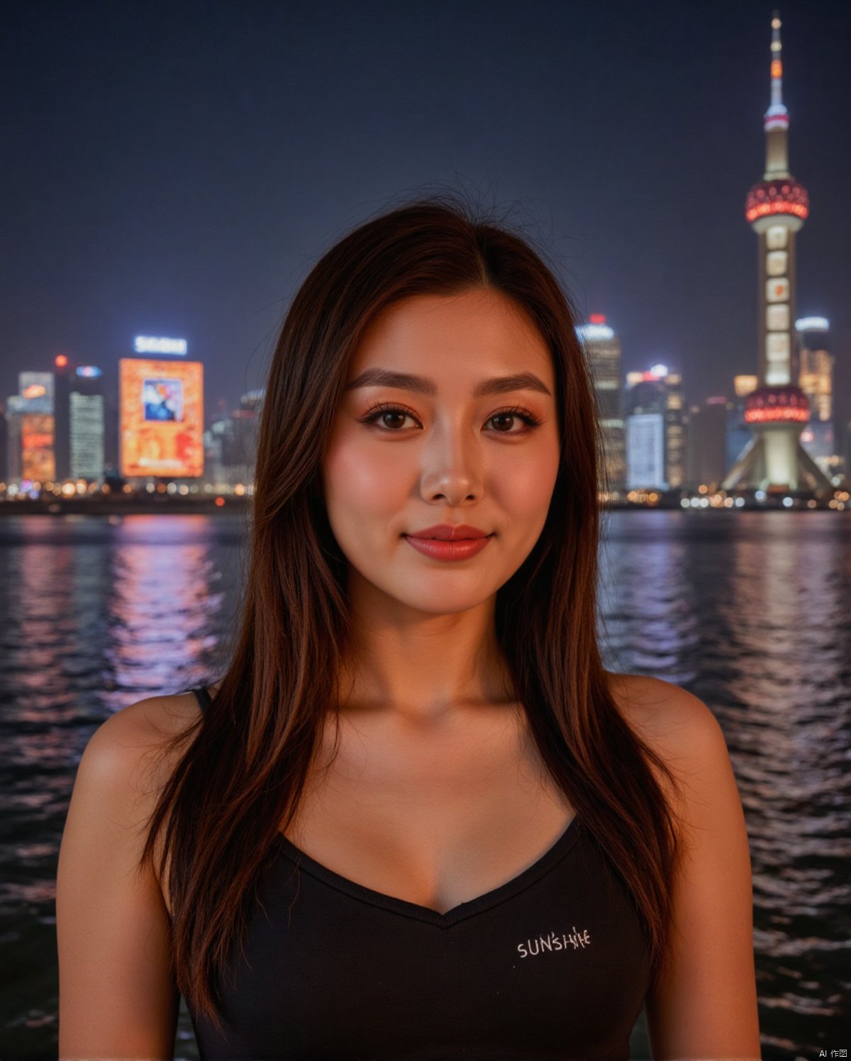 On the Shanghai Bund under the neon lights at night, with the Oriental Pearl Tower in the background, a beautiful woman looked at the audience with a smile in the drizzle. She was wearing a tight top with medium to large breasts, revealing her beautiful cleavage. The letters "SUNSHINE" were written on her chest. Her confidence was contagious to everyone.
