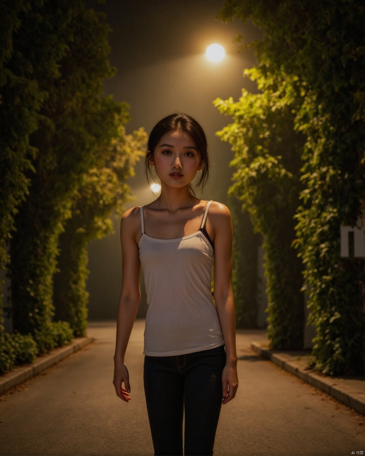 In this captivating 8K HDR image, an ethereal girl with an elf-like quality stands poised on a deserted street under the soft luminescence of dim yellow street lamps receding into the distance. She gazes at the viewer with a calm intensity, lost in contemplation amidst the hushed surroundings, where lush greenery and bold emblazoned words SUNSHINE create a striking visual counterpoint to her melancholic countenance, as if bathed in the faint light of the street lamps.
