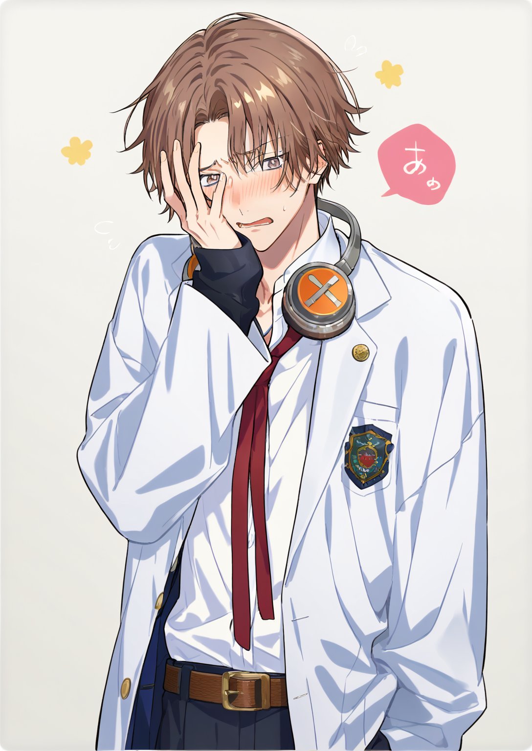 score_8_up, solo_focus, solo, 1boy, nanamegi nanaki,parter bangs,brown hair,brown eyes, (school uniform), headphones around neck, long sleeves, red ribbon, belt, blush, embarassed, white_shirt, (white coat)+(black sleeves), covering_face, happy, fall  in love