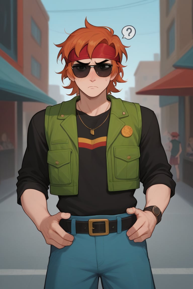 Score_9, Score_8_up, Score_7_up , Score_9, Score_8_up, Score_7_up ,possummach
 ,bsbuster  , orange hair, red hair band, ,1boy, black shirt, green vest, blue pants, belt,  short hair, black sunglasses ,Red bandana ,blush , confused , looking_at_viewer