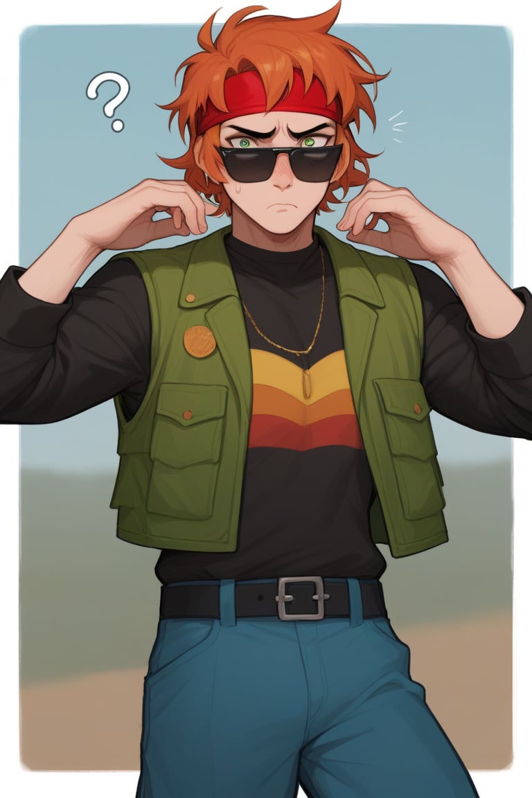 Score_9, Score_8_up, Score_7_up , Score_9, Score_8_up, Score_7_up ,possummach
 ,bsbuster  , orange hair, red hair band, ,1boy, black shirt, green vest, blue pants, belt,  short hair, black sunglasses ,Red bandana ,blush , confused , looking_at_viewer