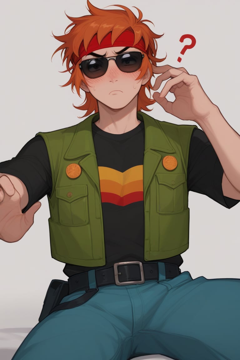 Score_9, Score_8_up, Score_7_up , Score_9, Score_8_up, Score_7_up ,possummach
 ,bsbuster  , orange hair, red hair band, ,1boy, black shirt, green vest, blue pants, belt,  short hair, black sunglasses ,Red bandana ,blush , confused , looking_at_viewer