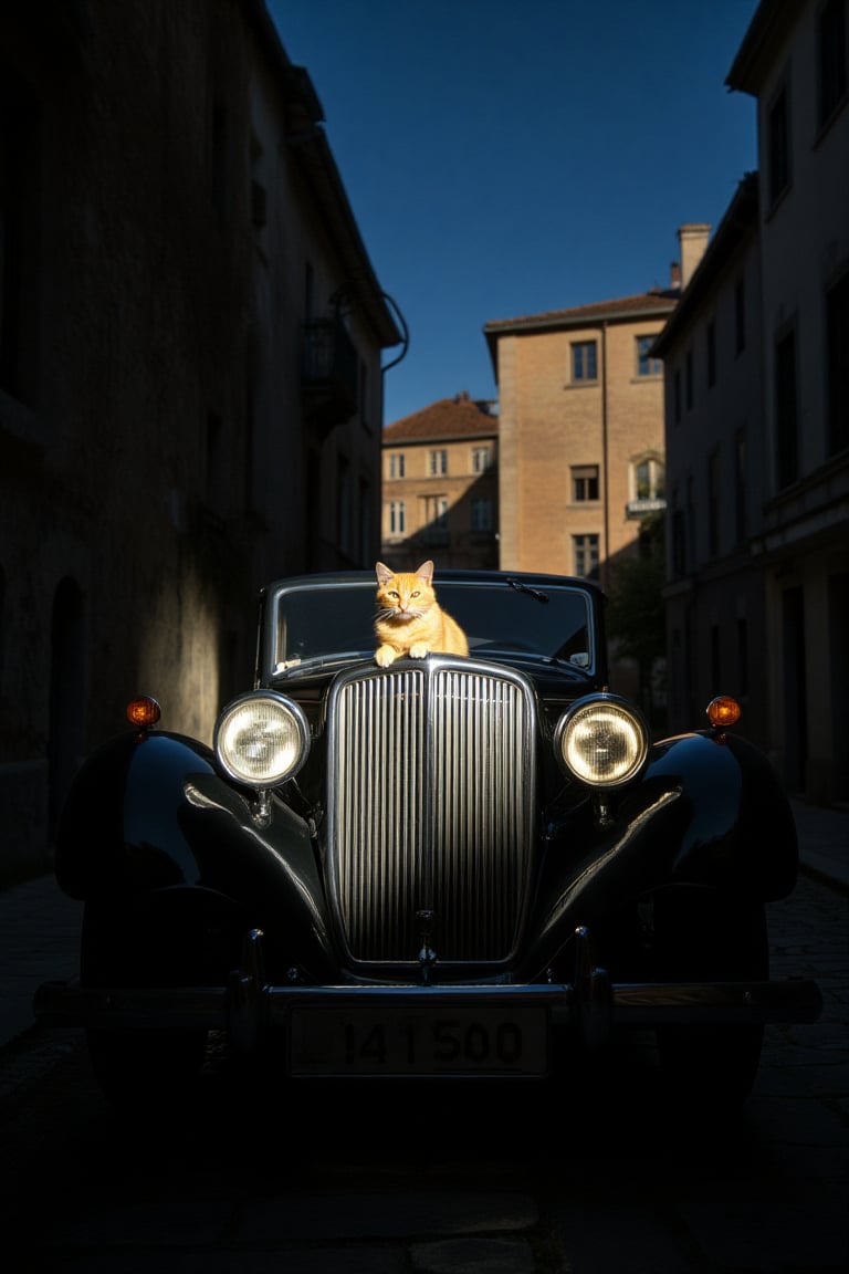 a yellow cat on the ho0d of 1937 Duesenberg SJ Coupé de Ville by Rollson for Rudolf Bauer, lit by a flash light, under the tree's shadow, bright day, sunligt, old town, blue sky