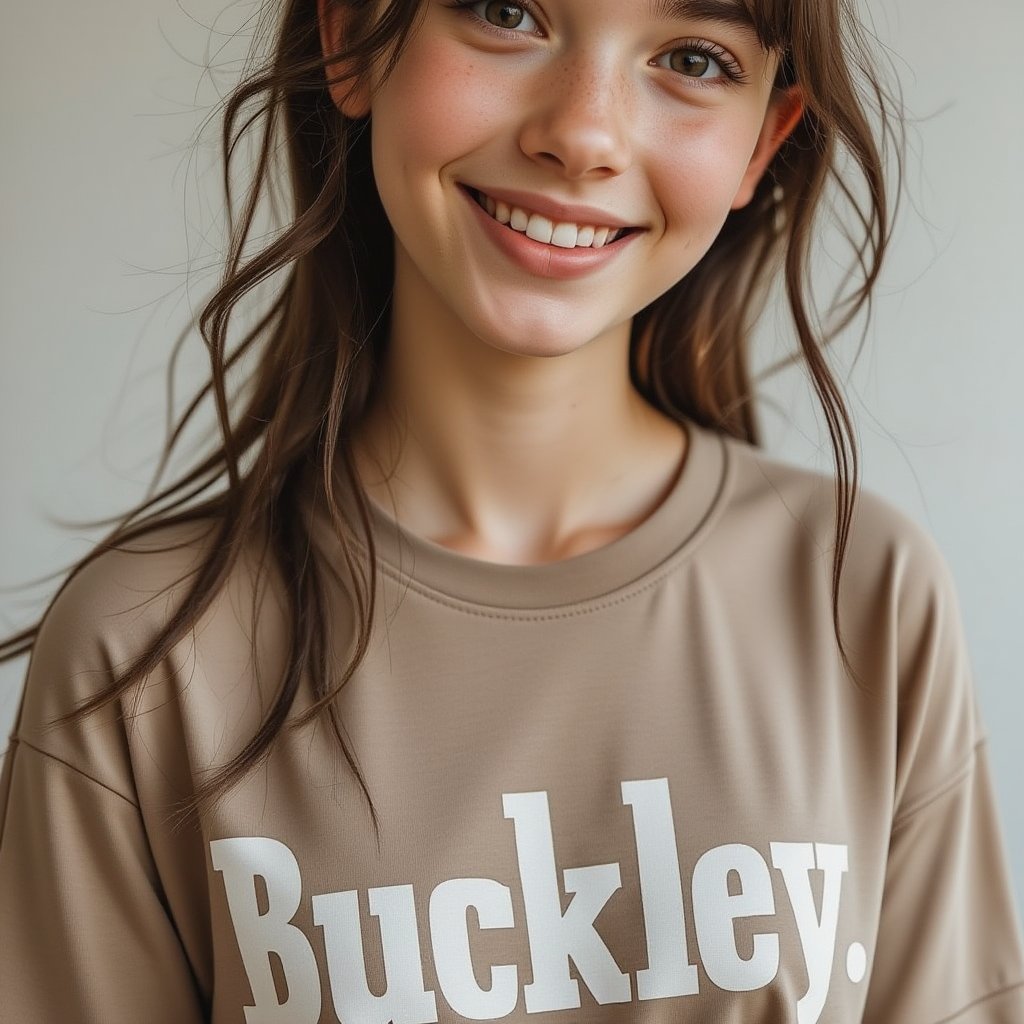 close-up portrait shot of a young woman wearing an dark beige teeshirt with the word "Buckley." emblazoned on it in bold white block text, laughing and smiling, gazing into the camera lens at an angle. The subject's hair frames her face against a clean and minimalist background. The overall focus is on the subject's facial features.,