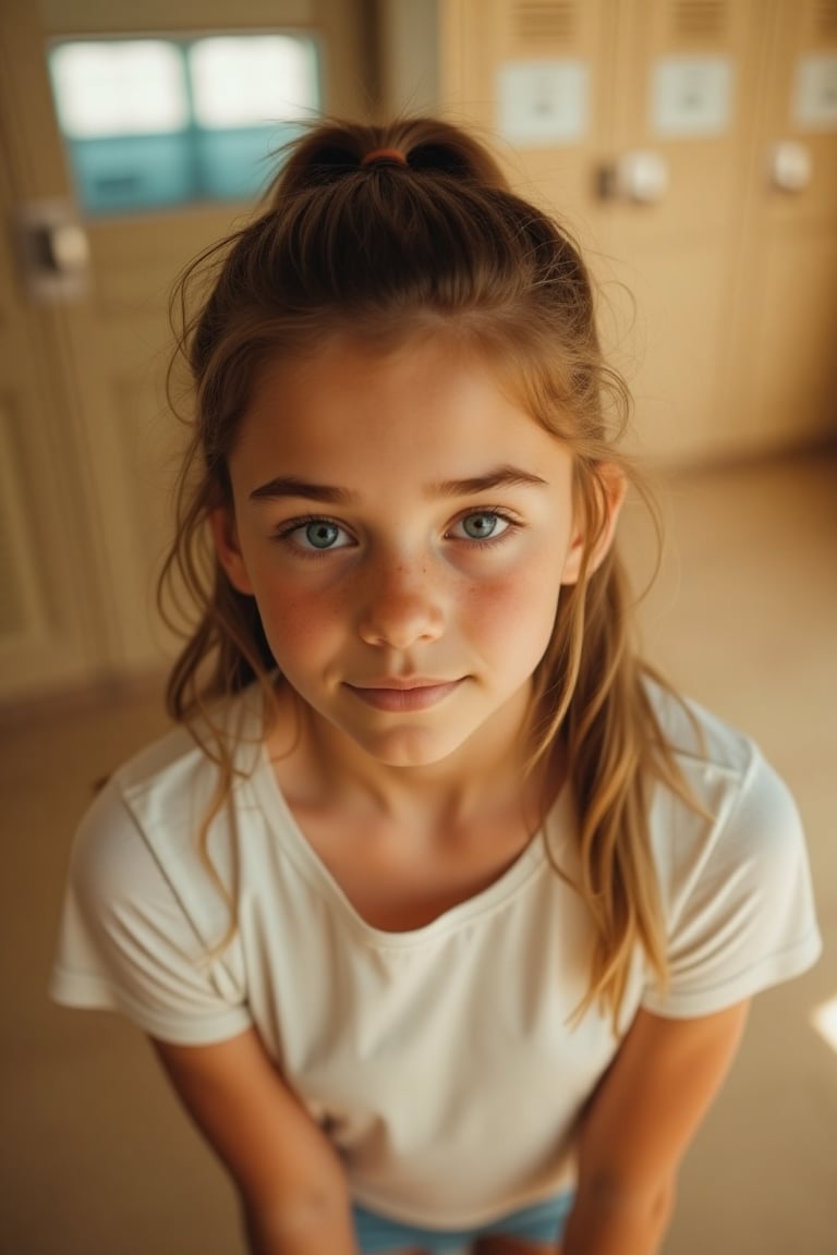 Wide angle shot of a 18-year-old girl, sporting long  hair in a ponytail and  flawless skin, capturing her youthful essence. She stands slightly turned with one leg bent, her gaze directly into the camera lens. Wide spaced blue eyes. Soft natural light illuminates the scene, casting a warm glow on her features. The composition focuses on her face, with the locker room's beige walls subtly blurred in the background