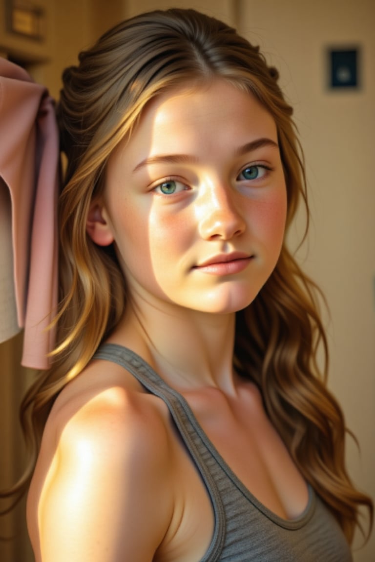 Wide angle shot of a 18-year-old girl, sporting long  hair in a ponytail and  flawless skin, capturing her youthful essence. She stands slightly turned with one leg bent, her gaze directly into the camera lens. Wide spaced blue eyes. Soft natural light illuminates the scene, casting a warm glow on her features. The composition focuses on her face, with the locker room's beige walls subtly blurred in the background