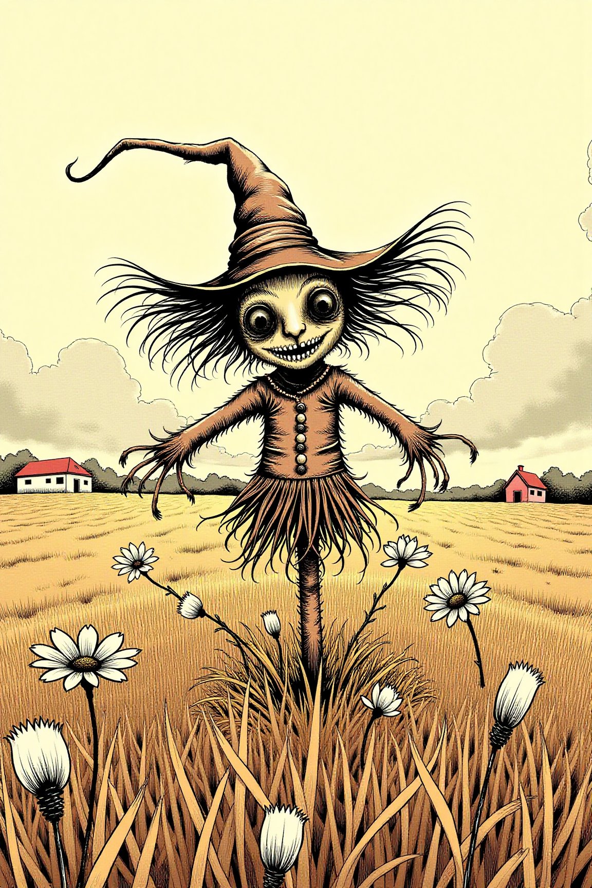 (masterpiece, UHD, 8K, 16K, ultra detailed), summer, best quality, ink painting, acrylic, detailed straw cute scarecrow little gremlin creature on a rye field, cornflowers, sunrise, farm house, by Craola, Dan Mumford, Andy Kehoe, 2d, flat, cute, adorable, vintage, art on a cracked paper, fairytale, storybook detailed illustration, cinematic, ultra highly detailed, tiny details, beautiful details, mystical, luminism, vibrant colorst,horror mangaz