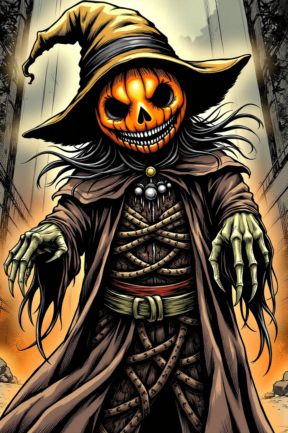 (masterpiece, best quality:1.2), Anime features of a scarecrow wizard who has a pumpkin head and is a character from a medieval RPG, horror mangaz