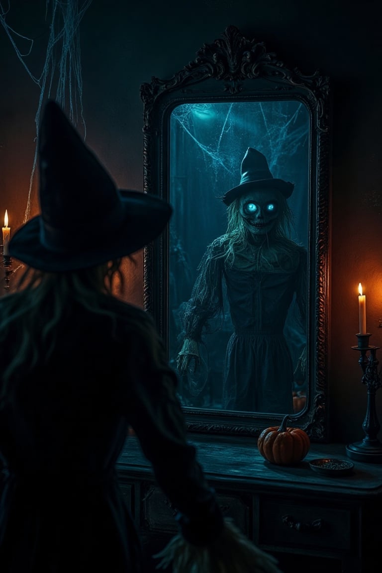 A spooky, dimly lit room with a large, antique mirror. A scarecrow stands before it, its reflection twisted and unsettling. The room is filled with Halloween decorations—cobwebs, pumpkins, and flickering candles. The scarecrow's eyes glow with an eerie light as it stares into the mirror. The mirror's surface shimmers with an unnatural glow, reflecting a ghostly image of the scarecrow. The composition is centered on the mirror, with the scarecrow slightly off-center, creating a sense of unease.