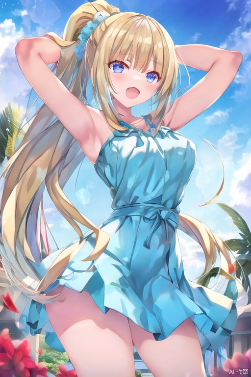 （best quality,  masterpiece,  super clear：1.4）,artbook, dusk, in hawaii, long hair, silver hair, light smile, multicolored eyes, medium breasts,1 adorable girl, solo,,torino,Karuizawa Kei