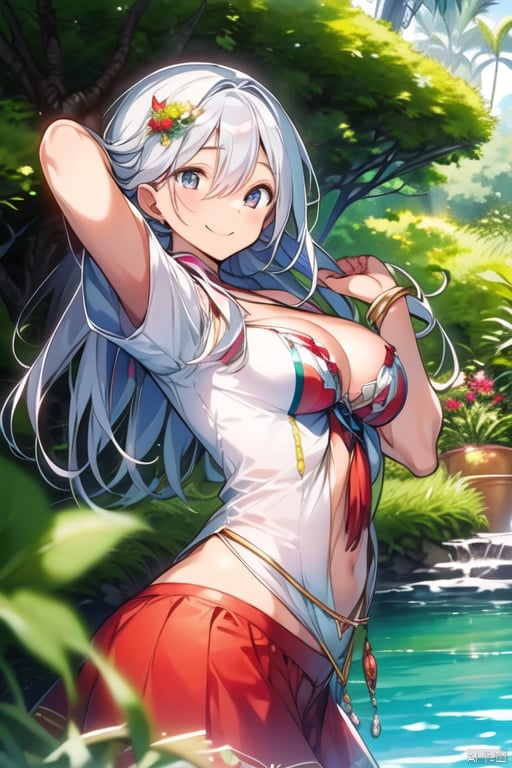 Dsmile,（best quality,  masterpiece,  super clear：1.4）,artbook, dusk, in hawaii, long hair, silver hair, light smile, multicolored eyes, medium breasts,1 adorable girl, solo