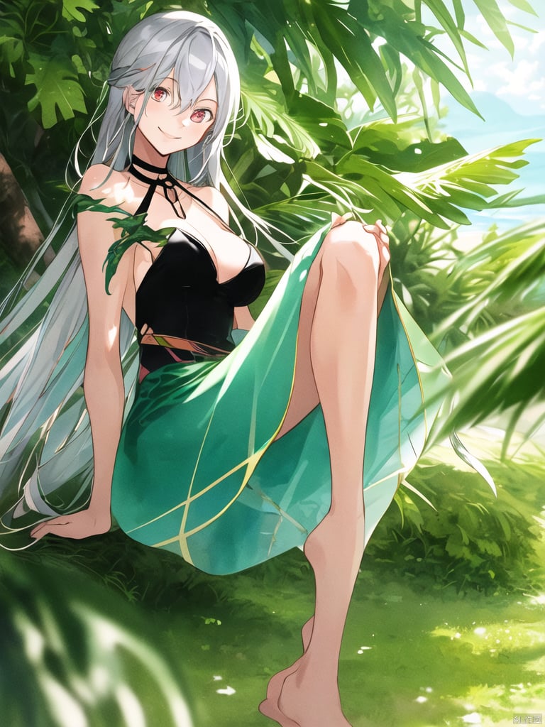 Dsmile,（best quality,  masterpiece,  super clear：1.4）,artbook, dusk, in hawaii, long hair, silver hair, light smile, multicolored eyes, medium breasts, leg_hug, 1 adorable girl, solo